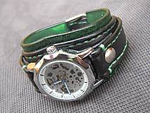 Náramky - Zeleno čierny kožený náramok s mechanickými hodinkami - 6805522_