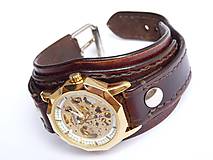 Náramky - Hnedý kožený náramok s mechanickými hodinkami - 6809312_