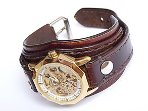 Náramky - Hnedý kožený náramok s mechanickými hodinkami - 6809312_