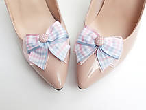 Ponožky, pančuchy, obuv - Klipy na topánky - kárované ružovo-modré mašličky - 6845803_