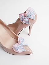 Ponožky, pančuchy, obuv - Klipy na topánky - kárované ružovo-modré mašličky - 6845808_