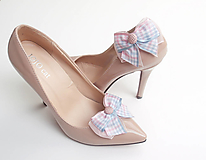 Ponožky, pančuchy, obuv - Klipy na topánky - kárované ružovo-modré mašličky - 6845811_
