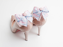Ponožky, pančuchy, obuv - Klipy na topánky - kárované ružovo-modré mašličky - 6845816_