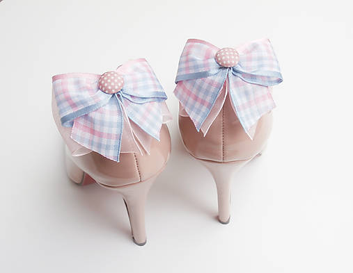 Klipy na topánky - kárované ružovo-modré mašličky