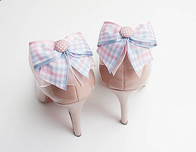 Ponožky, pančuchy, obuv - Klipy na topánky - kárované ružovo-modré mašličky - 6845820_