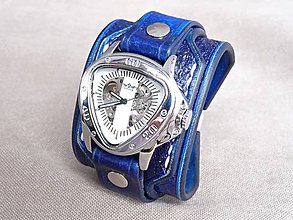 Náramky - Modrý kožený remienok so skeleton hodinkami - 6889418_