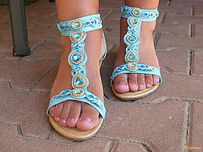 Ponožky, pančuchy, obuv - Tyrkysovo zlaté sandálky...soutache - 6896429_