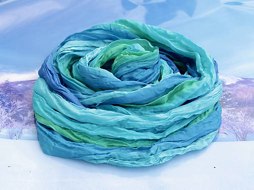 Ručne maľovaný hodvábny šál - modrá,zelená,tyrkysová - Bleu