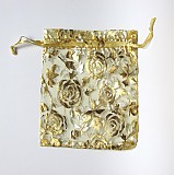Obalový materiál - Organzové vrecúško 10x12cm s potlačou (Zlaté kvety-zlaté) - 2608831