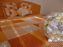 Úžitkový textil - Prehoz, vankúš patchwork vzor orandžové farby, prehoz 220x220 cm - 3714417