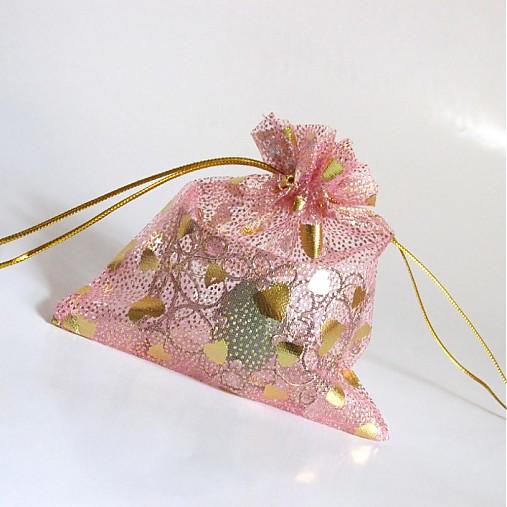 Obalový materiál - Organzové vrecúško 10x12cm s potlačou (Srdiečka-ružové) - 2608854