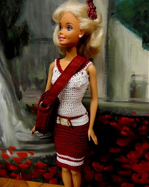  - Háčkované šatičky pre Barbie (bordovo-biele) - 3158718