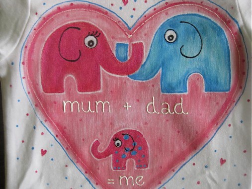 Maľované sloníkové rodinné body s nápisom "mummy + daddy = me" / "mamka +ocko=ja" (Dievčenská verzia)