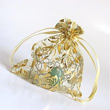 Obalový materiál - Organzové vrecúško 10x12cm s potlačou (Zlaté kvety-zlaté) - 2608830