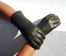 Rukavice - Olivové dámské kožené rukavice s hedvábnou podšívkou - celoroční - 3112973