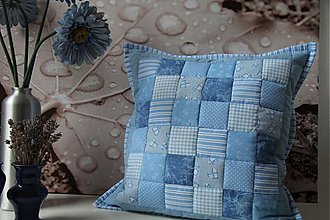 Úžitkový textil - Prehoz, vankúš patchwork vzor svetlo-modra, obliečka 40x40 cm - 3502164