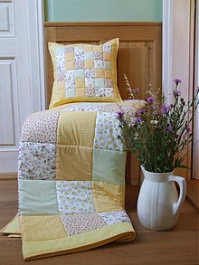 Úžitkový textil - Prehoz, vankúš patchwork vzor žltá so zelenkavou, deka 100x200 cm - 3511662