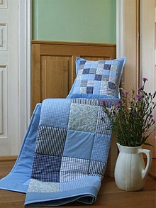 Úžitkový textil - Prehoz, vankúš patchwork vzor otiene modrej, prehoz 140x200 cm - 3511986