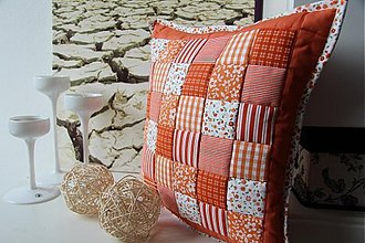 Úžitkový textil - Prehoz, vankúš patchwork vzor orandžové vzory, obliečka 40x40 cm - 3520553