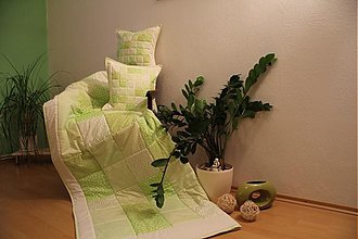 Úžitkový textil - Prehoz, vankúš patchwork vzor zelena, prehoz 140x200 cm - 3586043
