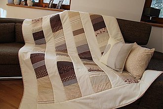 Úžitkový textil - Prehoz, vankúš patchwork vzor béžovo-hnedá, deka 140x200 cm - 3662508